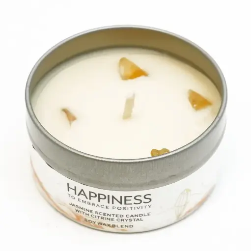 [3921639] شمعة معطرة برائحة طاقة الكريستال السعيدة، وزنها 80 غرام، في برطمان معدني مع 4 أحجار كريمة					 