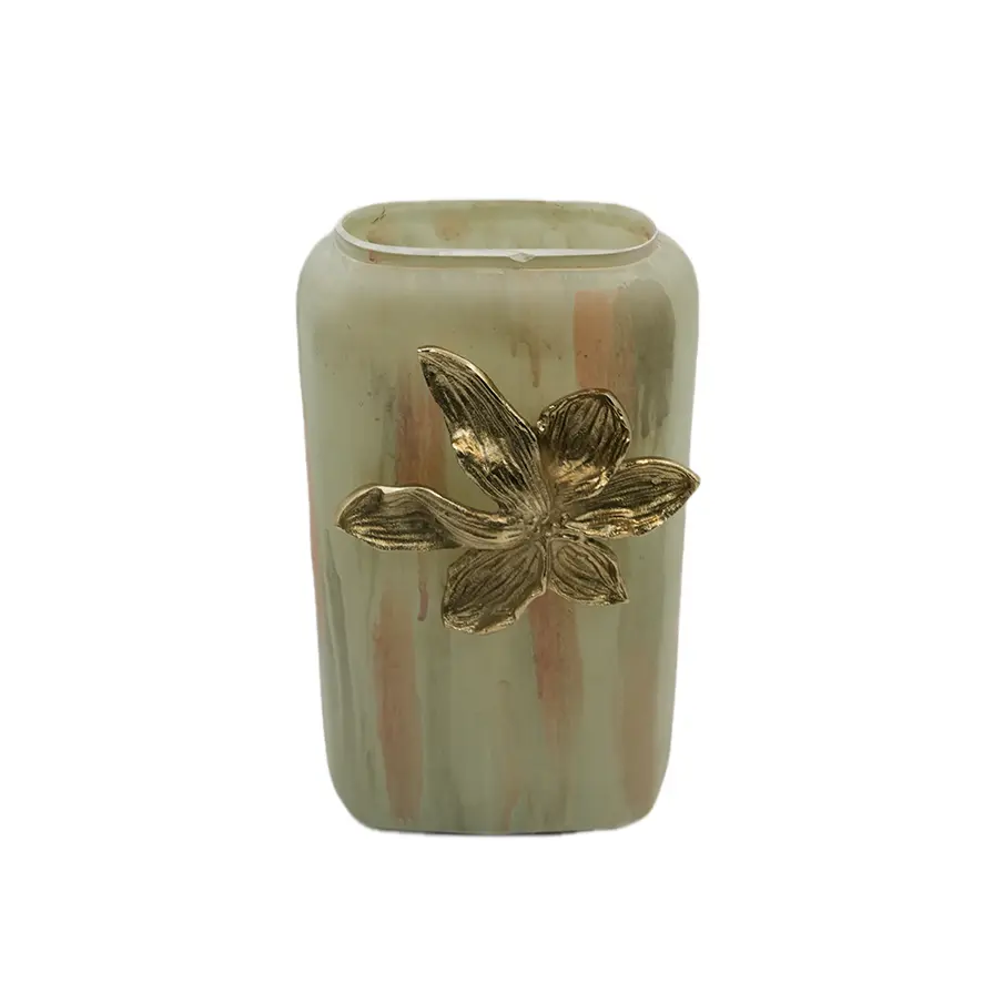 فازه زجاجيه مزخرفة ونقشه ورده معدن ذهبي 13x34x20 سم / HIT070076