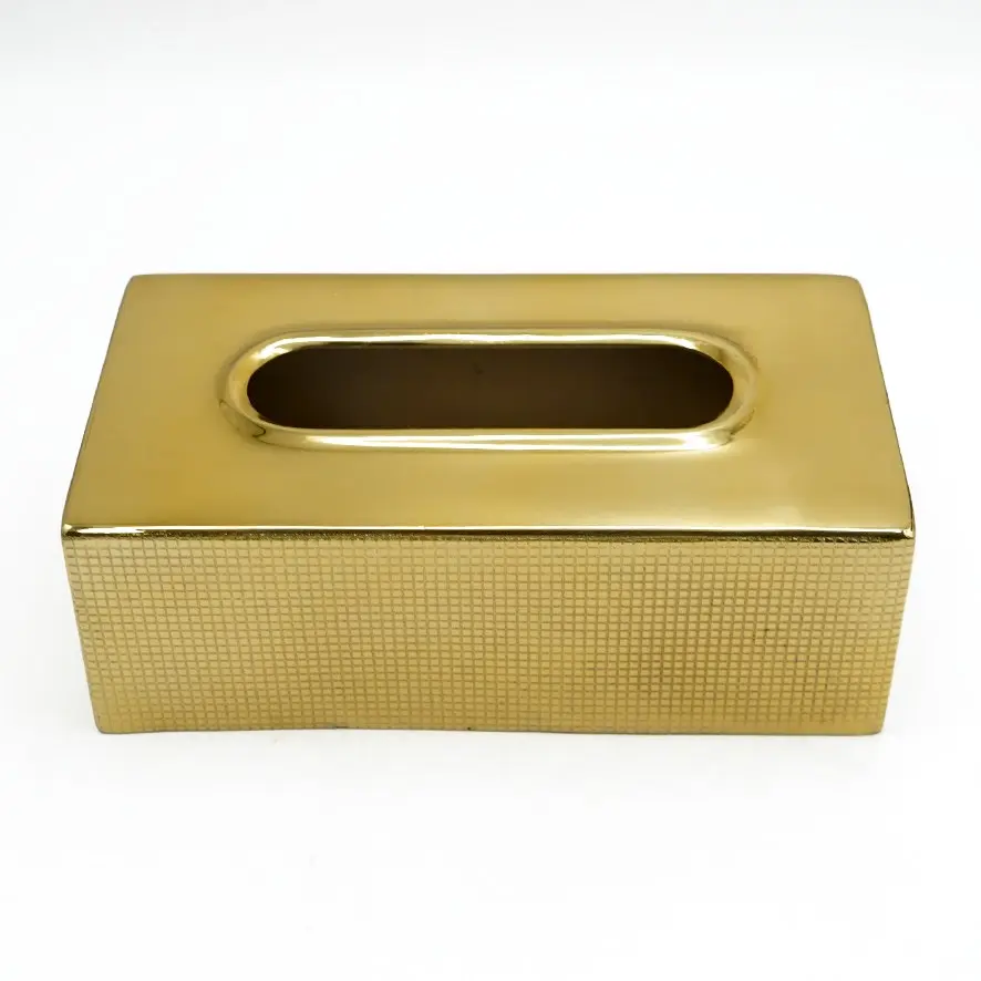 علبة مناديل مستطيلة معدني ذهبي / HIT110003E