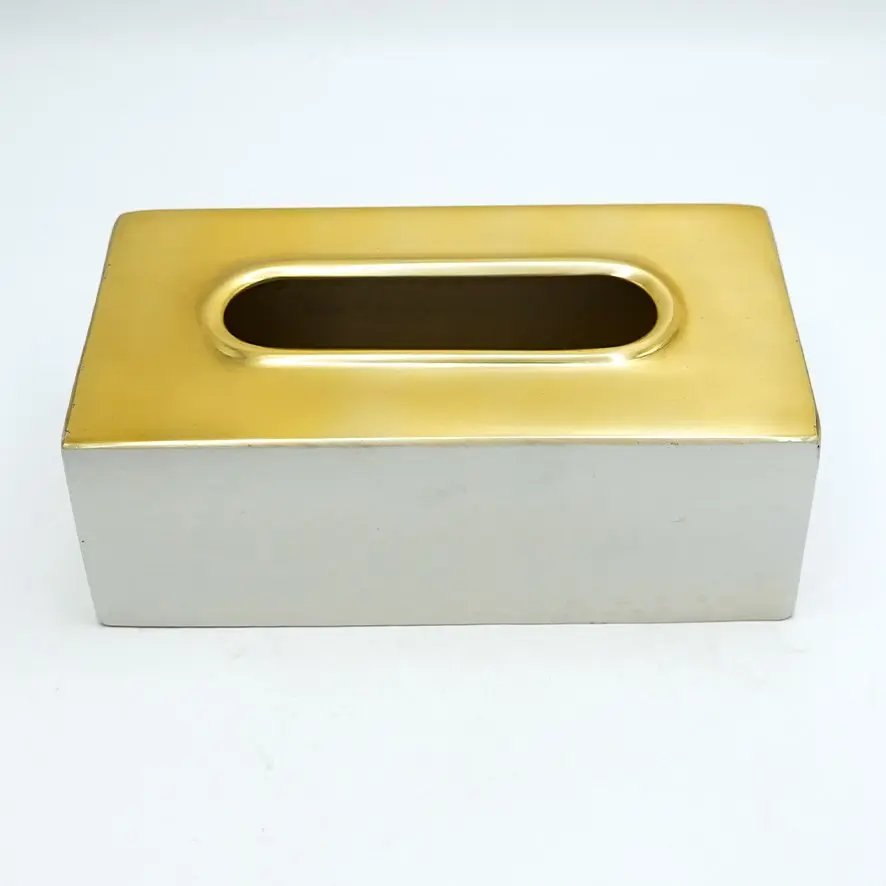 علبة مناديل مستطيلة معدني ابيض-ذهبي حفر / HIT110009E
