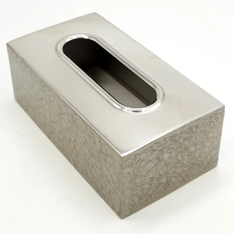 علبة مناديل مستطيلة معدني فضي مزخرف / HIT110011E