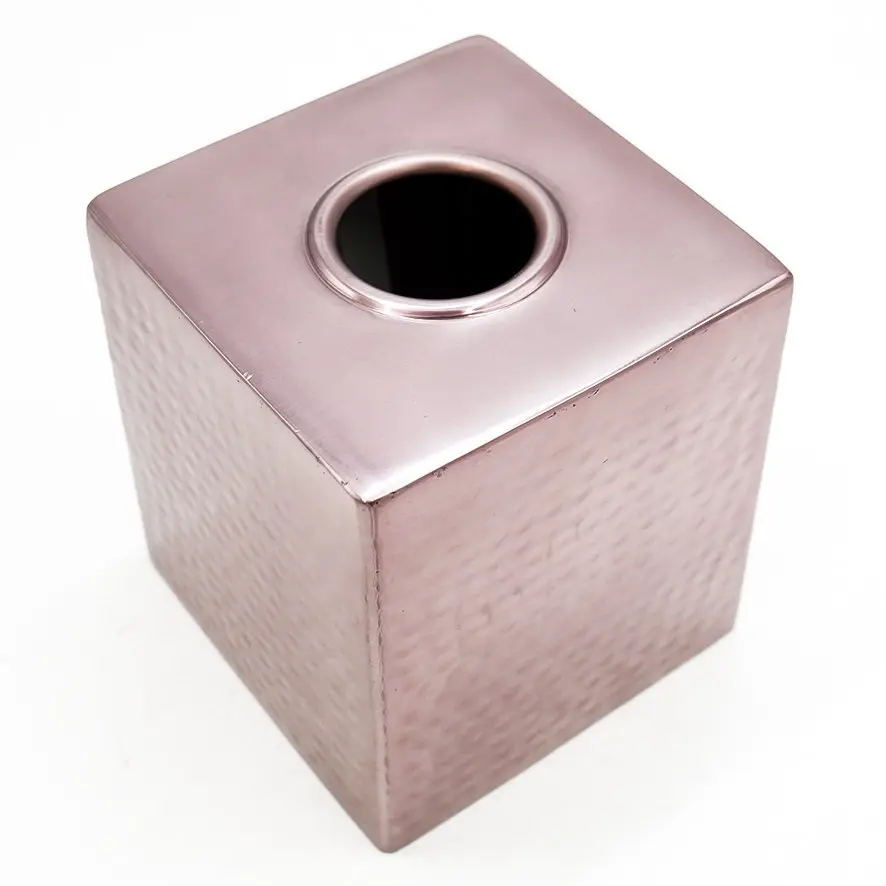 علبة مناديل مربعة معدني نحاسي وردي حفر / HIT110012D