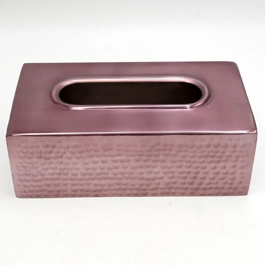 علبة مناديل مستطيلة معدني نحاسي وردي حفر / HIT110012E