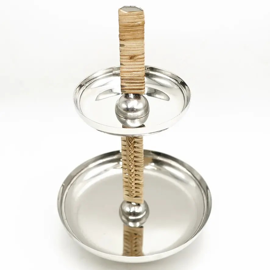 حامل كعك وحلويات صغير ستيل بقاعدة من الخيزران / HUK030061