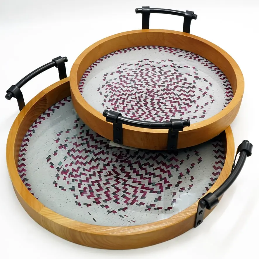 سيت صينيه دائري من قطعتين كم الخشب والمقبض اسود / DE25-652