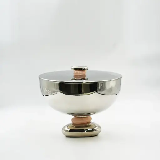 [J@HIT140002] وعاء تقديم فضي قاعدة حجر / ستانلس ستيل - HIT140002