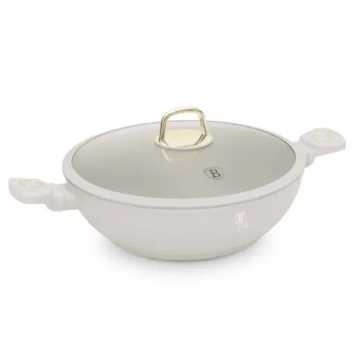 [BH/8065] مقلاة ووك مع غطاء، 30 سم لون كريمي   / BH/8065
