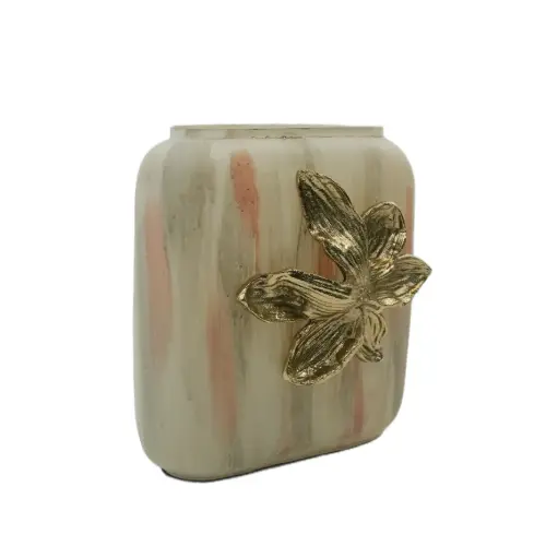 فازه زجاجيه مزخرفة ونقشه ورده معدن ذهبي 13x25x24 سم / HIT070075