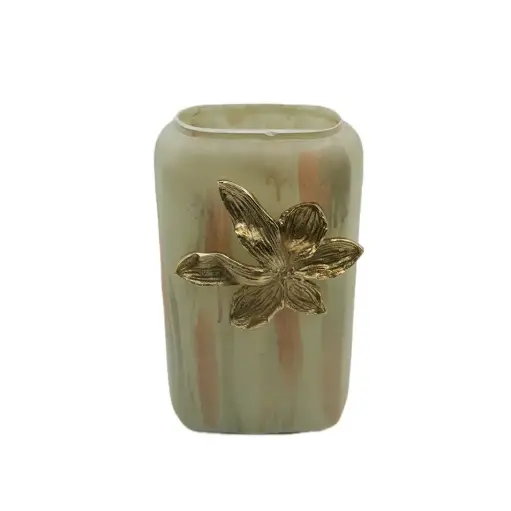 فازه زجاجيه مزخرفة ونقشه ورده معدن ذهبي 13x34x20 سم / HIT070076