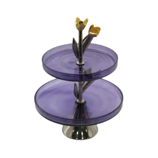 [BCC1-20884] حامل كيك من طبقتين زجاج-معدن فضي / HIT040134