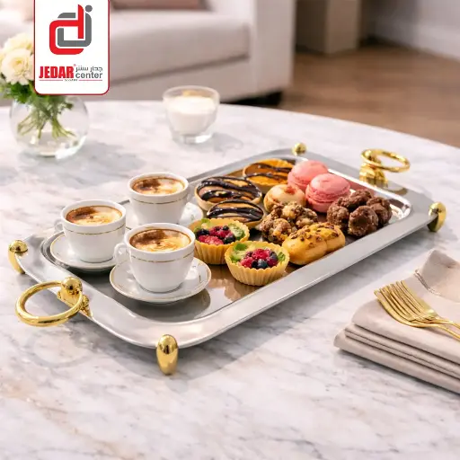 [UK350026] صينية صينية ستانليس ستيل بقاعدة ومقبض ذهبيين. / UK350026